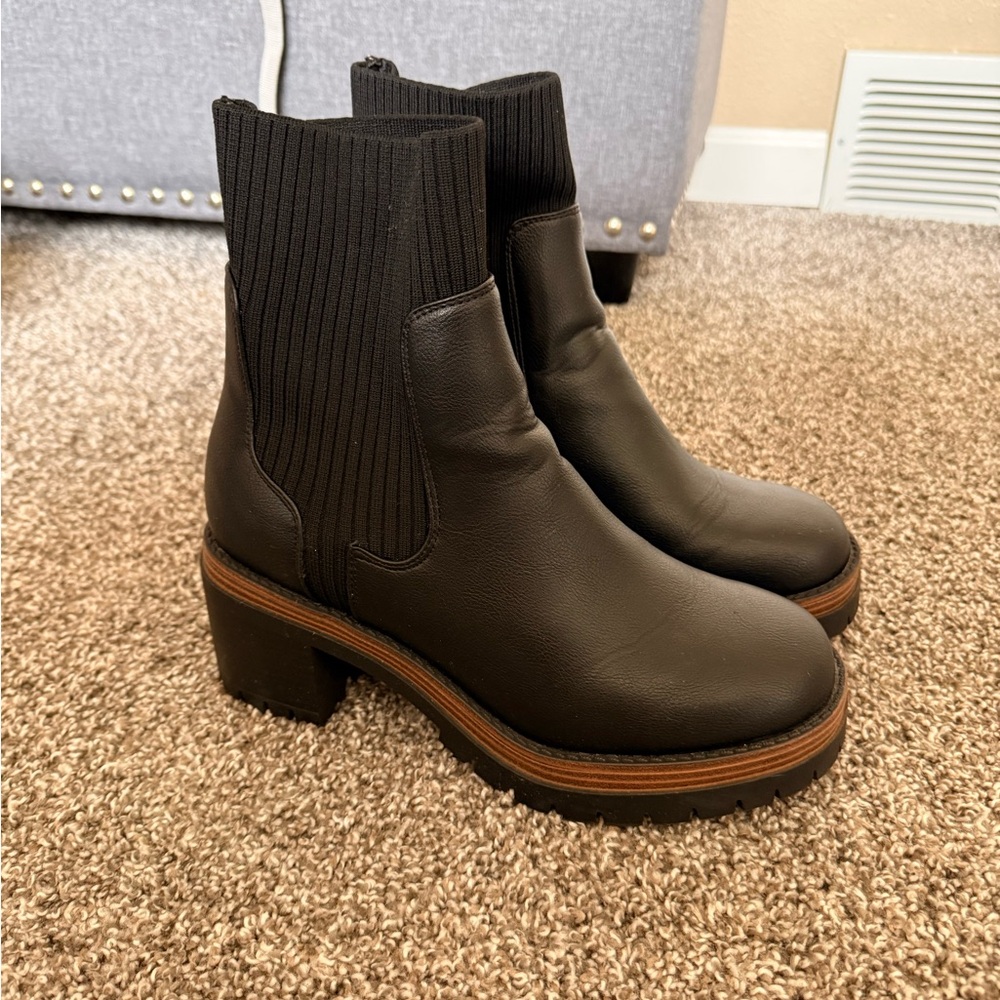 MIA Black Heeled Boots with Brown Sole